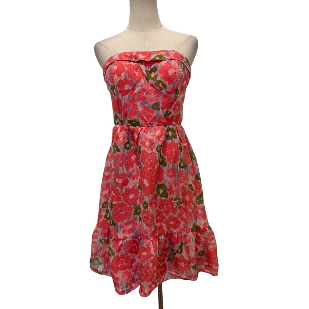 Hitherto Floral Pink Silk Dress Strapless Mini Sz 10 Party Coquette Garden Fairy